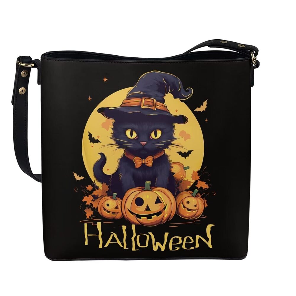 6226 Halloween Handbag Black Cat and Pumpkins Print Leather Tote Shoulder